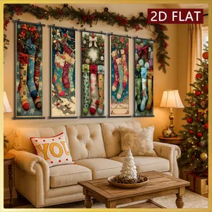 5pcs Festive Xmas Decor Paintings with Colorful Socks Wreaths and Bows Plastic Scroll Hanging Artwork for Home Fireplace Mantel HD High Quality Printing Odorless Fade Resistant Ink Art Christmas Holiday Decoration Paintings