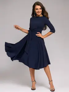 2024 Fall and Winter New Fashion Round Neck Tie Waist Dresses
