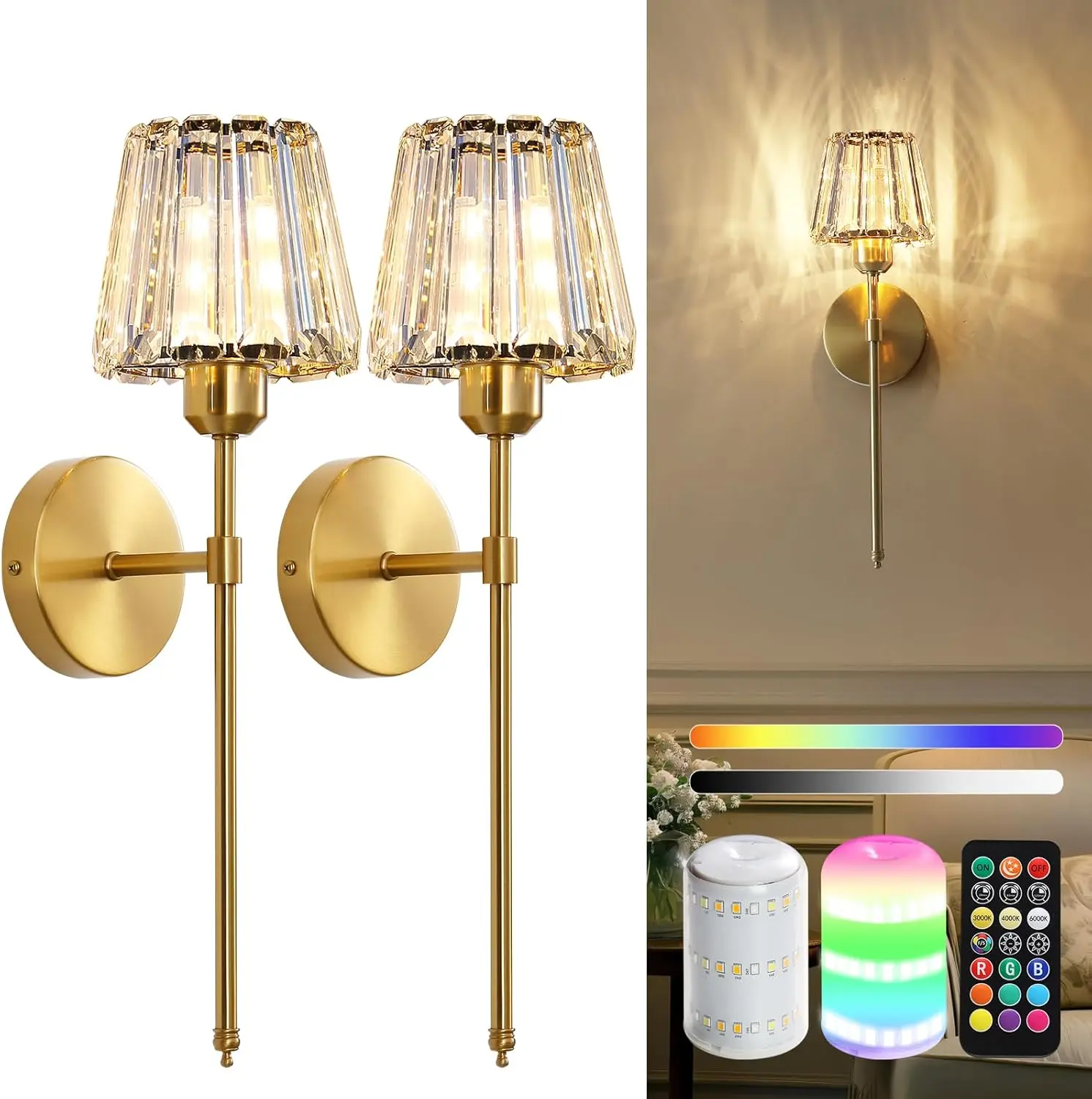 Black and Gold Rechargeable Crystal Wall Sconces (Set of 2) - Battery-Operated Wireless Indoor Lights with Crystal Lampshade, 12 RGB & 3CCT Dimmable with Remote for Bedroom, Home Decor