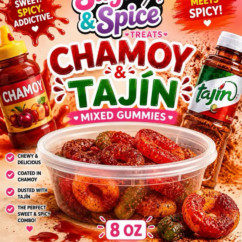 Chamoy & Tajin Mixed Gummies, 8oz Sweet & Spicy Fruit Snacks for Snack Time Treats