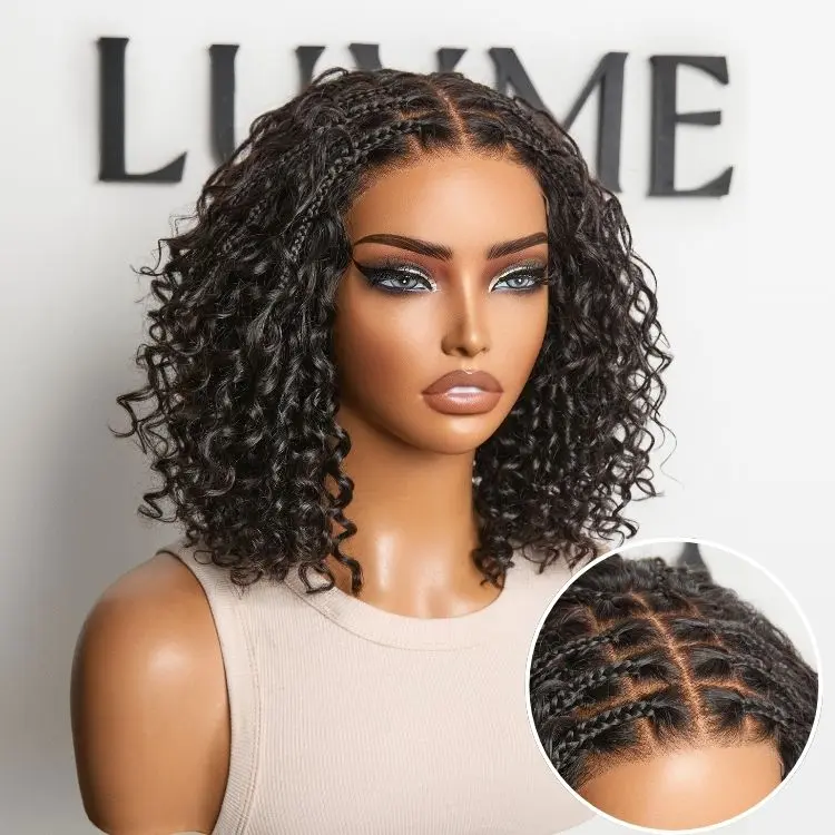【LIVE】Luvme Boho Braids Deep Curly Glueless 5x5 Closure Pre-Cut Lace Short Curly Human Hair Braided Wig Natural Black