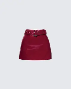 Severine Red Vegan Leather Belted Mini Skirt