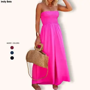 Imily Bela Womens Sleeveless Strapless Wide Leg Jumpsuits Summer Casual Loose Smocked Chiffon Jumpsuit Rompers with Pockets