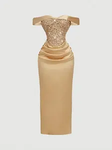 Women's Serenzy Golden Hour Silhouette Fitted Polyester Satin Casual Dress - Fabric, Sequins, Slit, Zebra Print, Sleeveless, Zipper, Elegant, Chic for Party, Festival | Elegant Dresses for Women