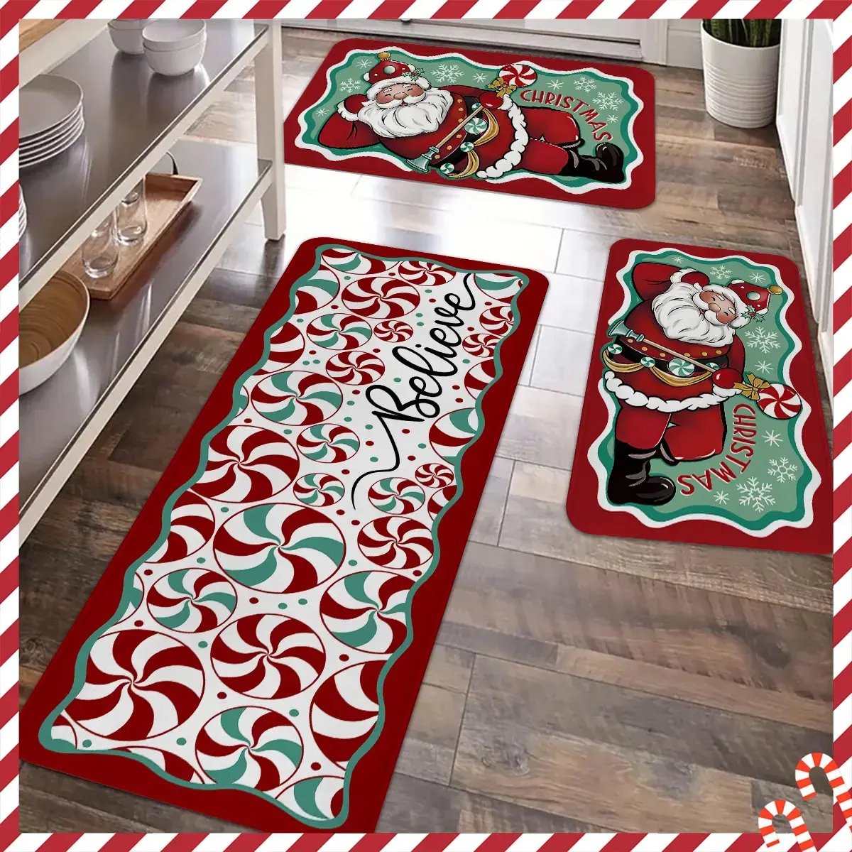 Christmas kitchen carpet floor mat, Santa Claus, lollipop pattern anti slip floor mat, flannel Merry Christmas floor mat, suitable for kitchen, entrance door, laundry room, bathroom, living room, room Christmas decoration floor mat
