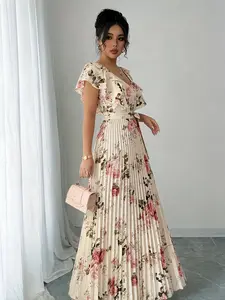 A women's apricot colored fashionable floral rose print pleated long dress, with a gentle print and a flowing pleated skirt suitable for casual wear, commuting to work, shopping and outdoor activities, indoor and outdoor dressing, Boho Floral Ruffle