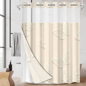 1pc hookless shower curtain with buckle lining, spring off-white 3D butterfly design with 2D flat printing, waterproof fabric lining, see-through double-layer shower curtain, 71 x 74 inches, modern home draping curtain.