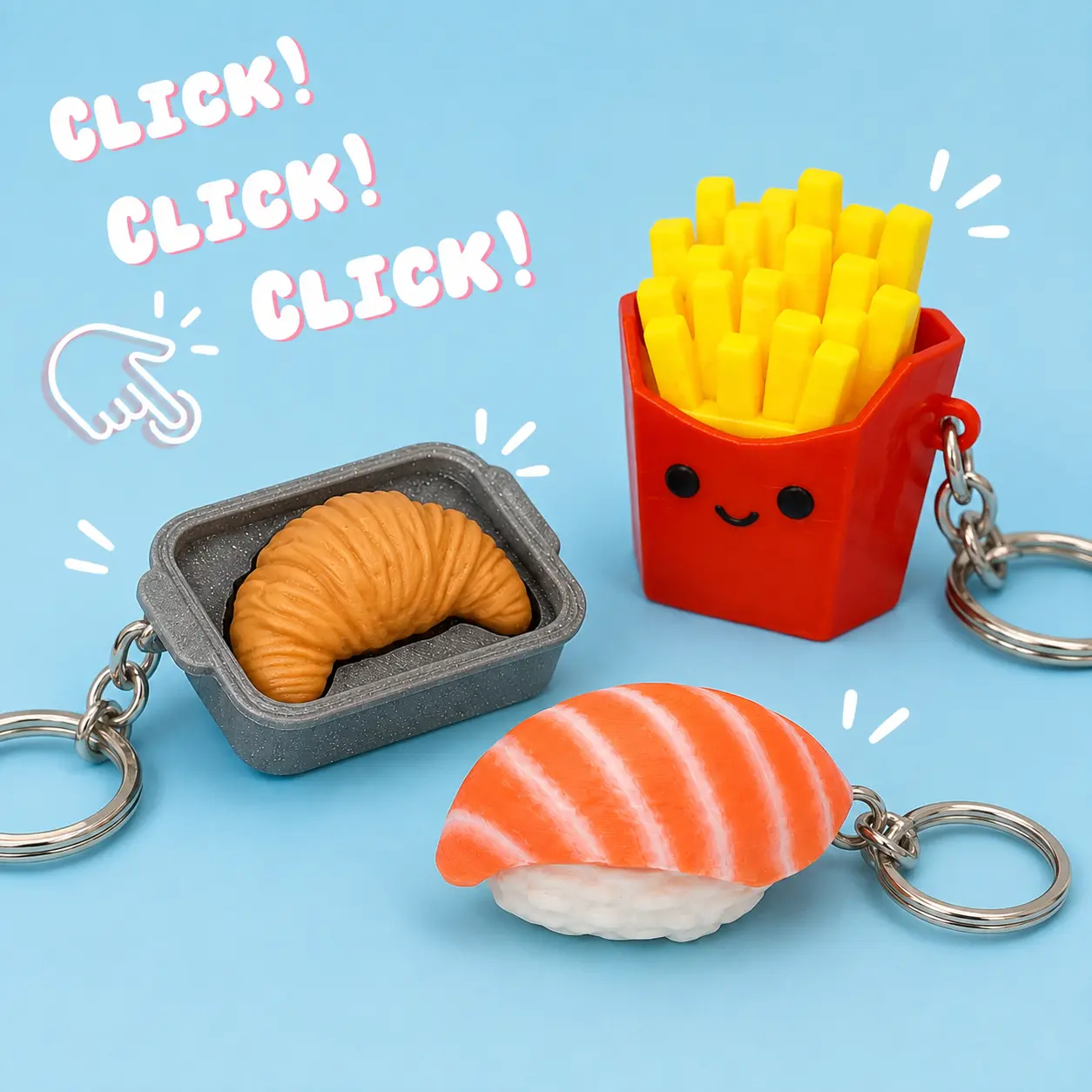 Novelty Clicker Keychain Fidget Toy, Food and Spooky Character Designs with Key Ring, Sushi Fries Avocado Croissant Zombie Cauldron Toilet Gift for Collectors