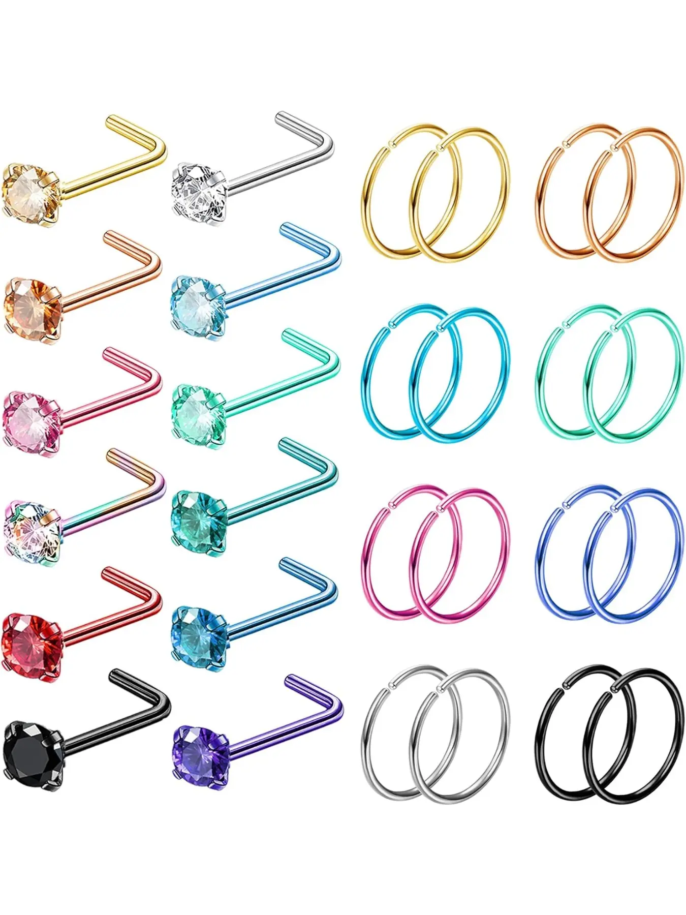 28PCS Hypoallergenic Nose Rings Hoops Studs - 316L Stainless Steel Nose Ring for Women Men - L Shaped CZ Nose Stud Hoop Nostril Piercings Body Piercing Jewelry Set Nose Piercing Kit 18G 20G 22G Silver Rose Gold Black Rainbow
