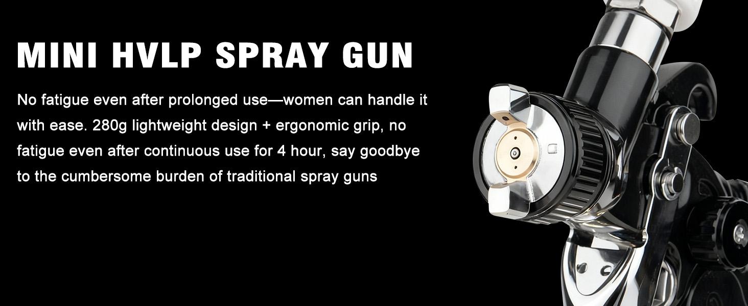 Mini HVLP spray gun with 0.5/0.8/1.0 mm nozzles and 125cc paint cup. Pneumatic automotive spray gun for car painting, primer, varnish and surface coating. Perfect for detailed repair work, small and lightweight, black finish. Cordless Sprayer High