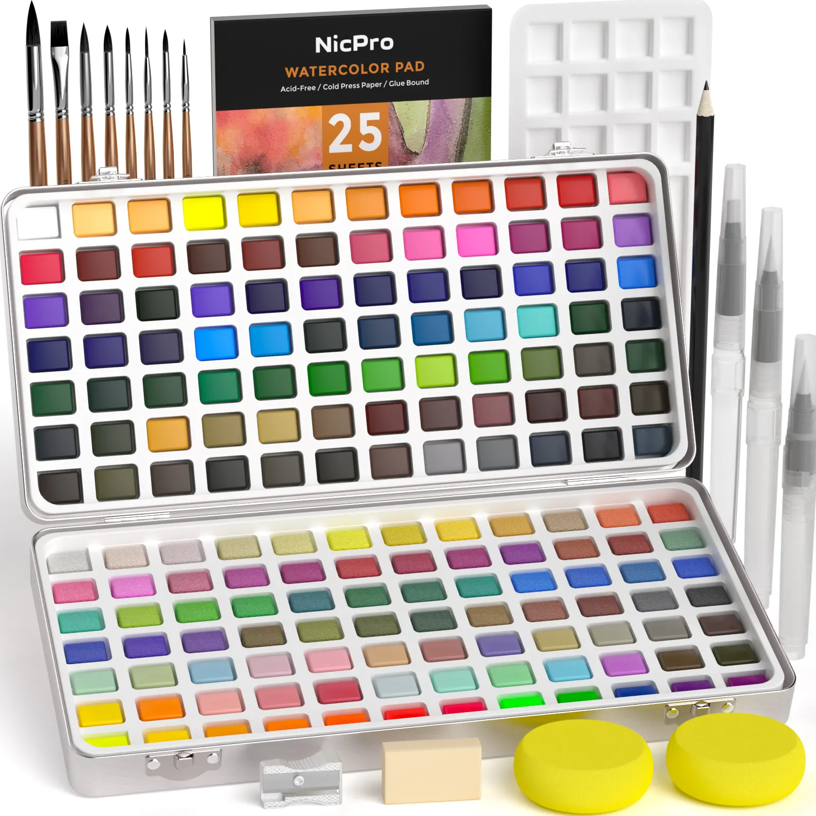 Nicpro 168-Color Watercolor Paint Set with Metallic, Macaron, Candy, Fluorescent Paints, 8 Squirrel Watercolor Brush Pens, 25 Paper Sheets, Palette, Storage Box - Art Drawing Supplies for Beginner Artists, Watercolor Brush Pen