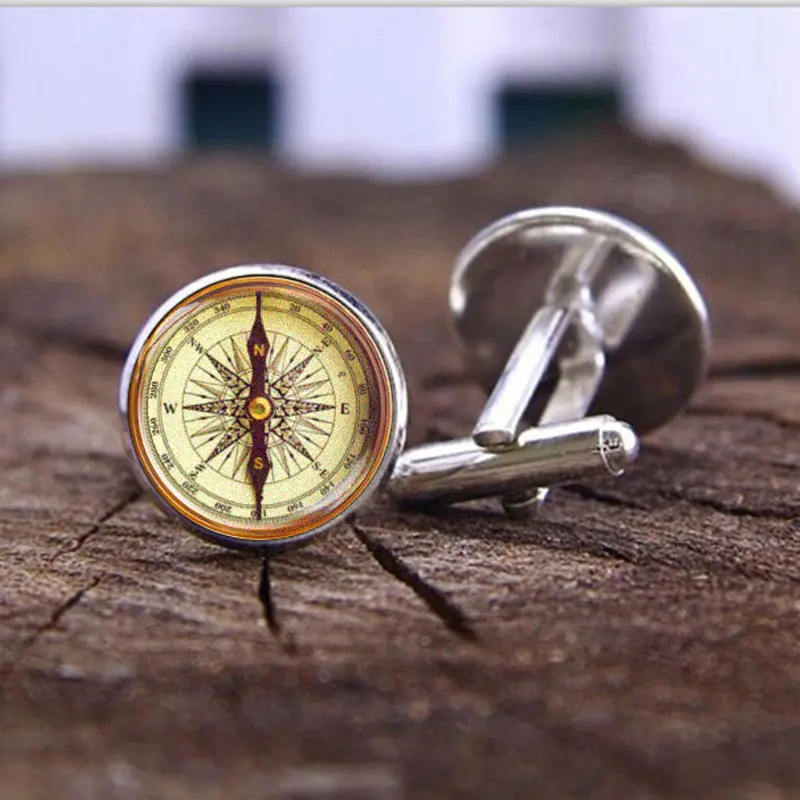 Vintage Compass Cufflinks for Men, Nautical Themed Silver Cuff Links, Explorer Gift for Wedding & Business