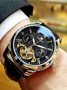 Luxury Men's Mechanical Watch, High-End Automatic Wristwatch, Skeleton Watches, Fashion Business Casual Alloy Case, Round Analog Face, Perfect Gift for Him