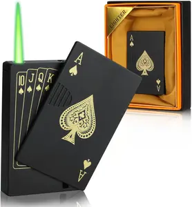 Jet Torch Lighter Green Flame Ace Card Refillable Butane Metal Windproof Poker of Spades Cool Lighter Design with Watch for Men's Gift
