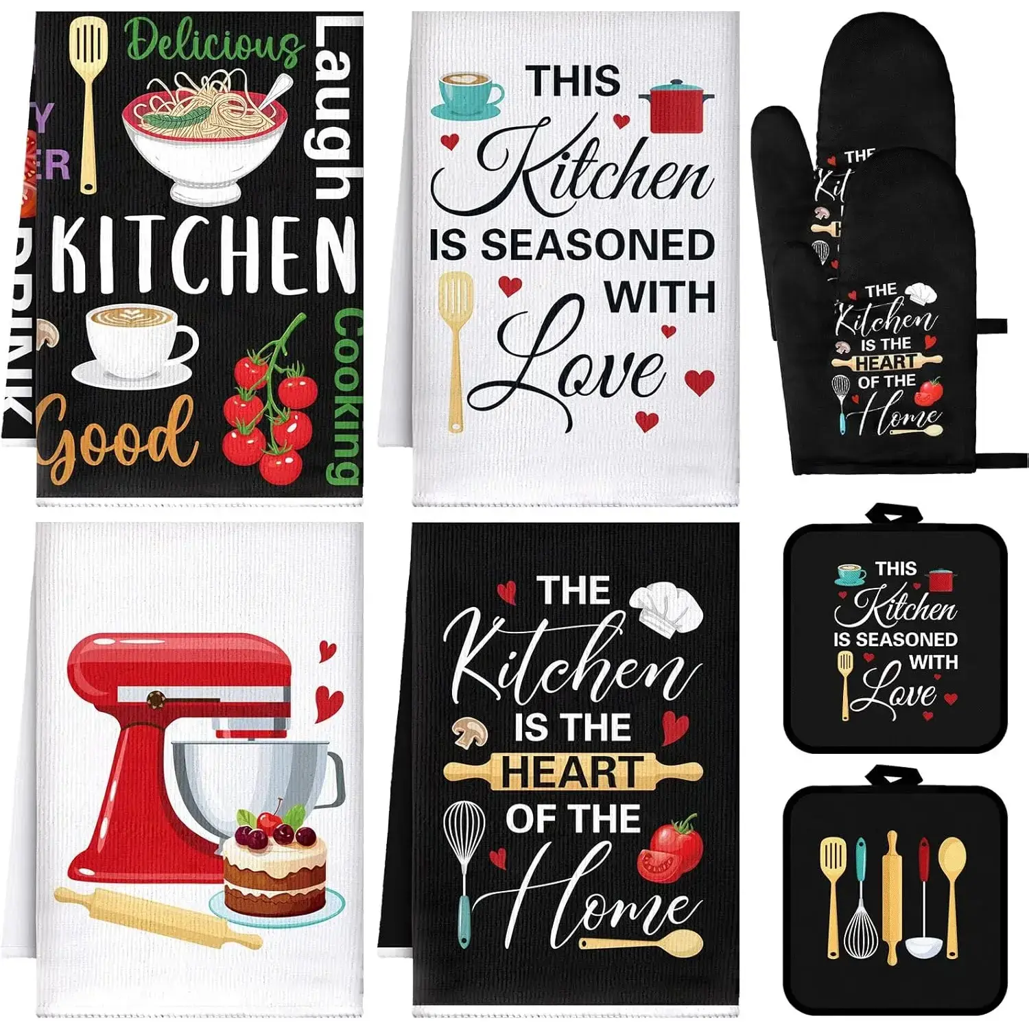 Rustic Classic 8-Piece Farmhouse Kitchenware Set - Colorful Music Note Multi-Size Absorbent Microfiber Towels, Oven Mitts, Pot Holders, Dishcloths for Home Cooking, Baking Bakeware Use