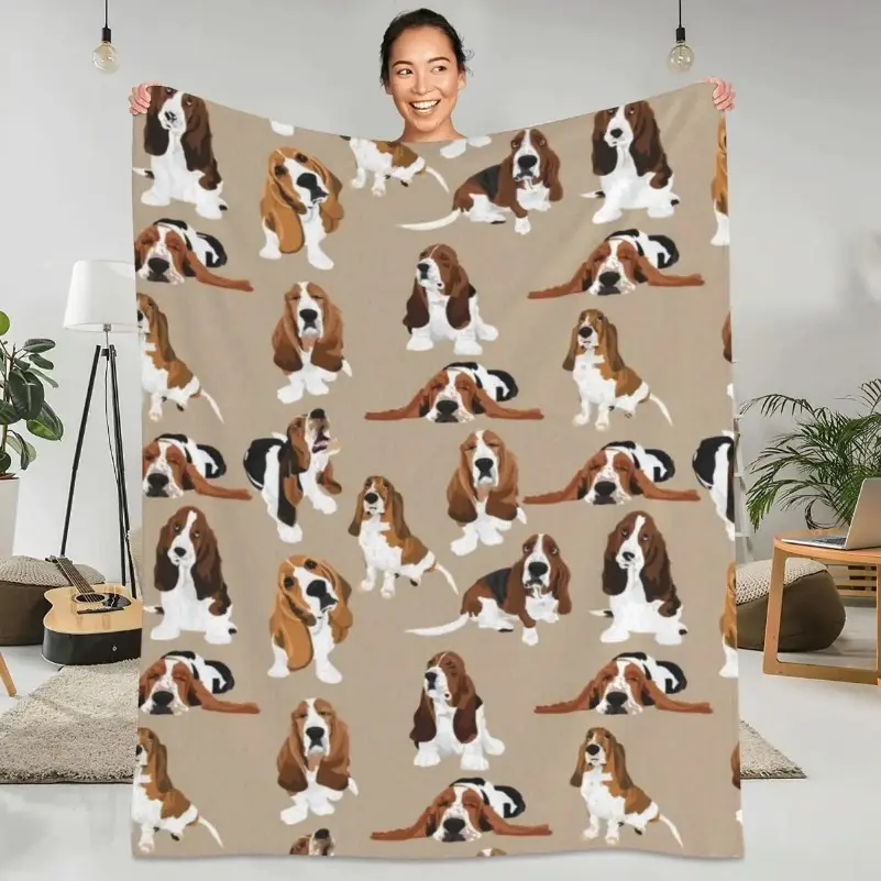 Basset Hound Printed Flannel Cozy Blanket - Brown, Soft Warm, Breathable, Cartoon Design Adult Soft Bedding Throw for Sofa, Camping, Valentine & Thanksgiving Gifts, Printed Blankets