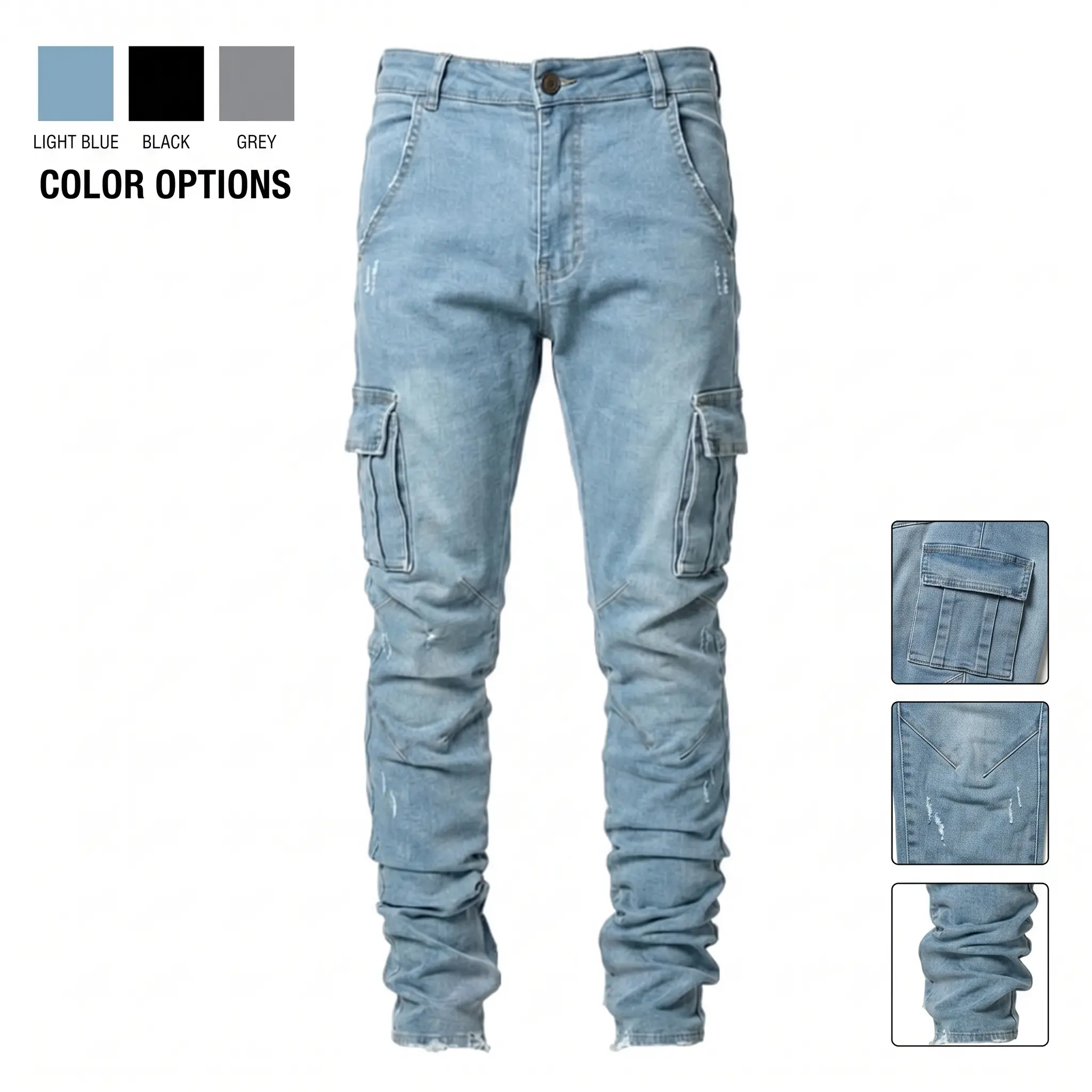 Men's Slim-Fitting Dark Wash Poly Denim Cargo Jeans - Plain, Stretch Fabric, Side Cargo Pockets, Distressed Raw Hem, Ankle Length, Breathable, Durable, Comfortable, All Seasons, Casual Street-Ready for Daily Errands, Dark Wash Jeans, Denim Skinnies