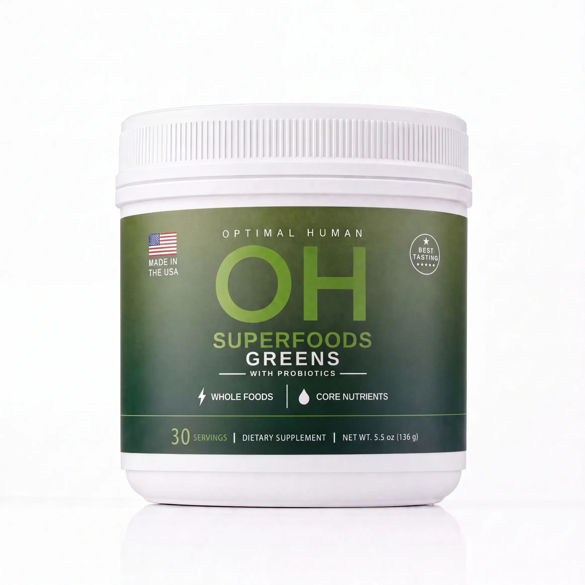 Optimal Human Superfood Greens Powder - 30 Servings with Ashwagandha, Lion's Mane, Cordyceps, Spirulina & Chlorophyll - 10 Billion CFU Probiotic & Digestive Enzymes - Natural Health Supplement for Adults - Edible Gut Capsules Fermented Beet Maca Root