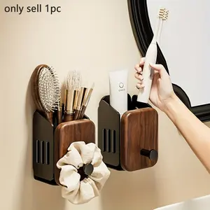 Walnut Wood Comb Storage Holder, No-Drill Wall Mounted Wooden Bathroom Organizer, Adhesive Tape Installation, Toothpaste and Toothbrush Rack, Hair Accessories Holder, Tooth Brush Holder For Bathroom