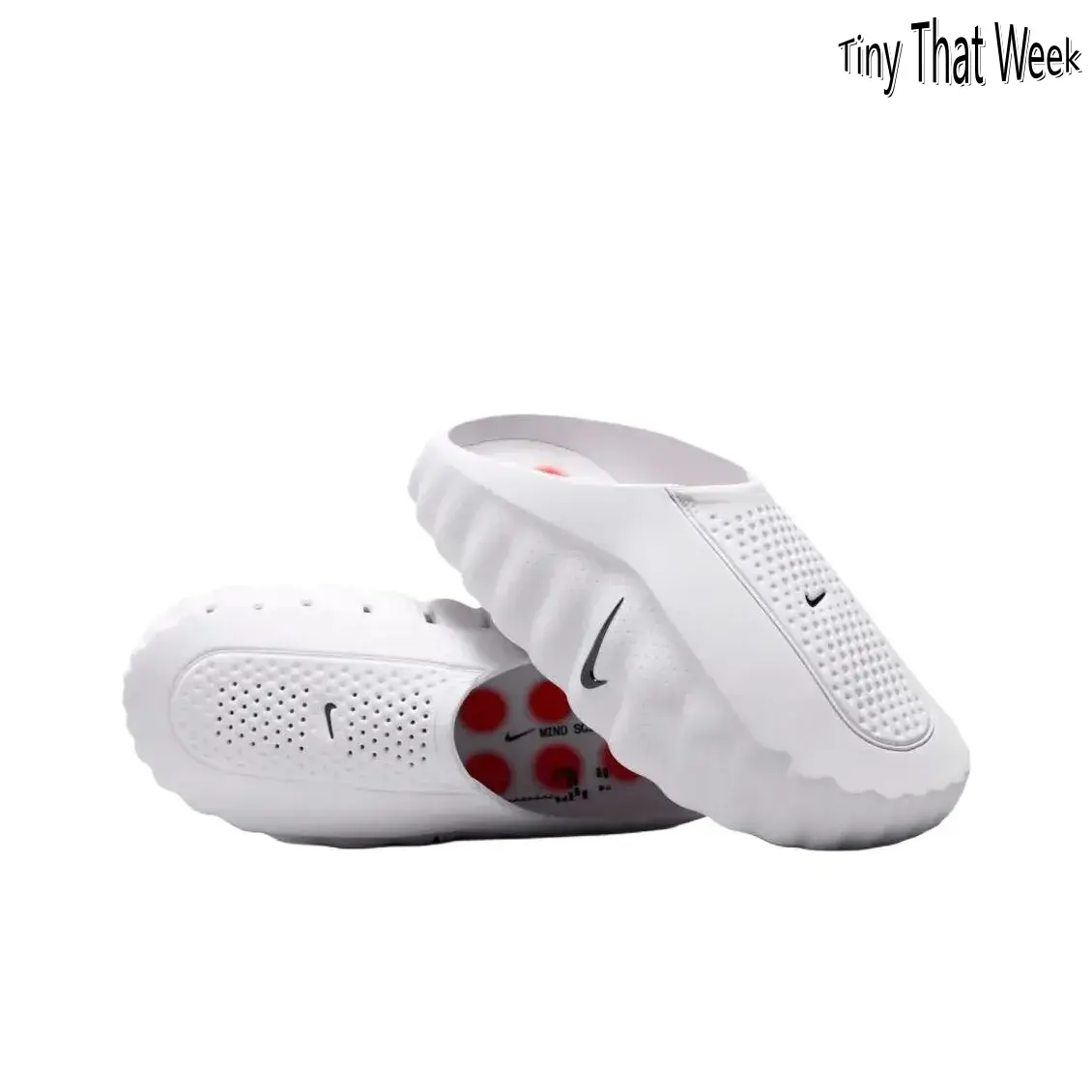 White Mule Slides, Red Cushioning Massage Outsole, Perforated Upper, Pre-Game Recovery Tech Slides