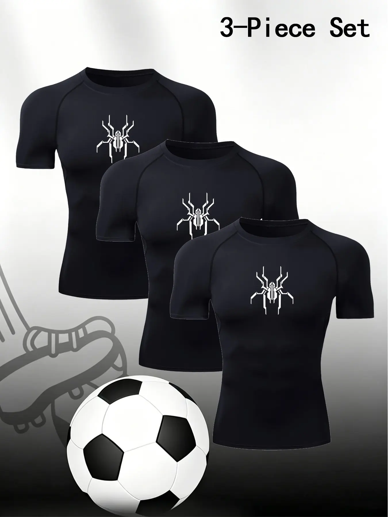 Men's 3-Pack Black Compression T-shirts Sports Tee Spider Print Quick Dry Breathable Slim Fit Short Sleeve Sporty T Shirt Workout Training Tops Athletic Clothes Fitness Sport Top for Gym Running Soccer