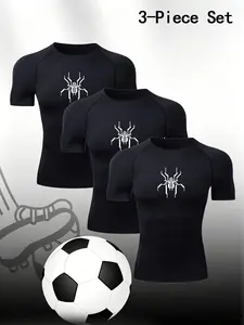 Men's 3-Pack Black Compression T-shirts Sports Tee Spider Print Quick Dry Breathable Slim Fit Short Sleeve Sporty T Shirt Workout Training Tops for Gym Running Soccer