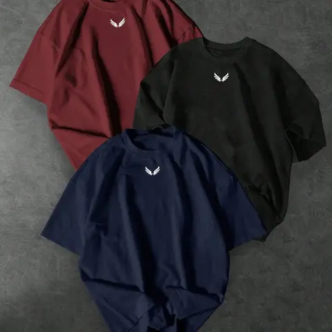Men's Casual Classic Streetwear 3 Pack Fashion Tees, Minimalist Wing Print, Oversized Short Sleeve, Crew Neck, Fitted, All Seasons, Sporty Style Menswear Tops