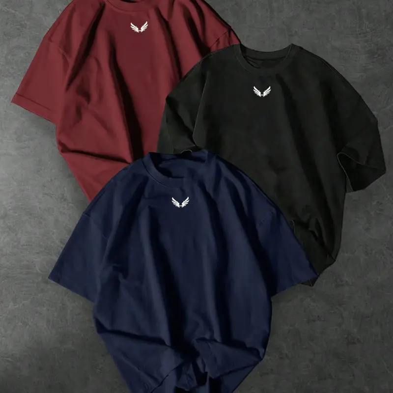 Men's Casual Classic Streetwear 3 Pack Fashion Tees, Minimalist Wing Print, Oversized Short Sleeve, Crew Neck, Fitted, All Seasons, Sporty Style Menswear Tops