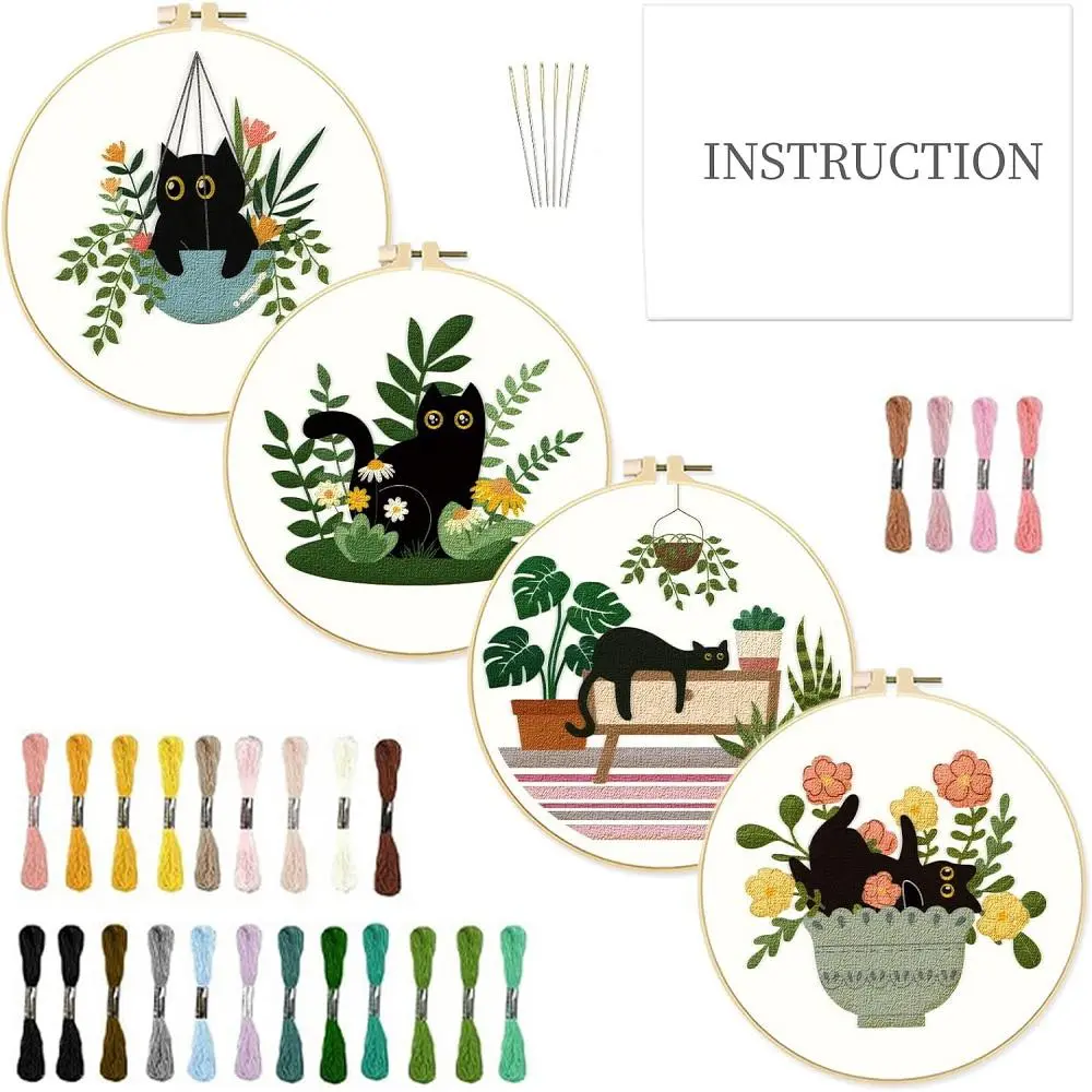 DIY Embroidery Kit, 1 Set Including 4 Cat & Plant Pattern Embroidery Cloth, 2 Hoop, 6 Needle, 1 Threader, 1 Scissor, 38 Color Embroidery Floss, Embroidery Tools, Embroidery Design, Handmade Gifts, Embroidery Craft, Embroidered Design, DIY Craft Supplies