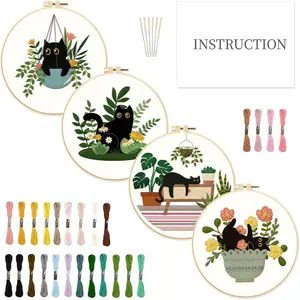 DIY Embroidery Kit, 1 Set Including 4 Cat & Plant Pattern Embroidery Cloth, 2 Hoop, 6 Needle, 1 Threader, 1 Scissor, 38 Color Embroidery Floss, Embroidery Tools, Handmade Gifts, Embroidery Craft