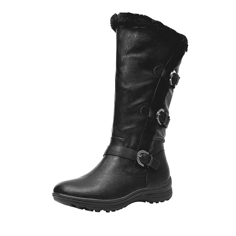 Dream Pairs Women's Knee-High Wide Calf Snow Boots - Warm Faux Fur Lined Winter Footwear with Anti-Slip Rubber Sole, Round Toe, Casual Wear, Pu Leather, Tpr Rubber, Black Pu, Anti-Slip Sole, Low Heel (1-3 Cm)