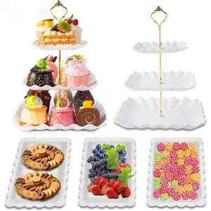 5 Pack Large Dessert Table Display Set, 2 Sets 3 Tier Cupcake Stand, 3 Pcs Food Serving Trays, Tiered White Plastic Cupcake Tower for Birthday Baby Shower Wedding and Tea Party Supplies