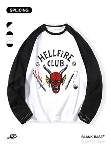 Stranger Things Hellfire Club Print Loose Long Sleeve, Patchwork Casual Breathable Unisex Fashion Top