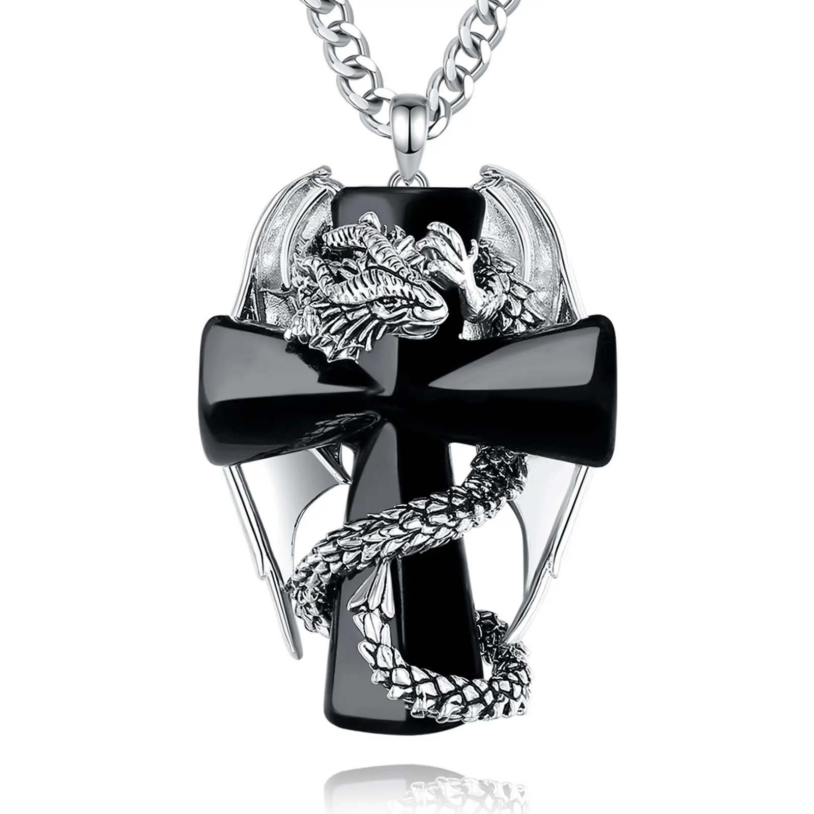 Eudora Men Gothic Dragon Wrap Black Cross Pendant Necklace Mythical Winged Creature Guardian Religious Jewelry Retro Cool Spirit Gift