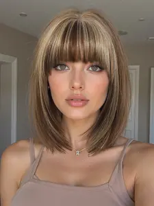 12 Inch Short Straight Bob Wig with Bangs, Cute Natural Synthetic Hair for Women, Comfortable and Easy to Wear, Suitable for All Ages