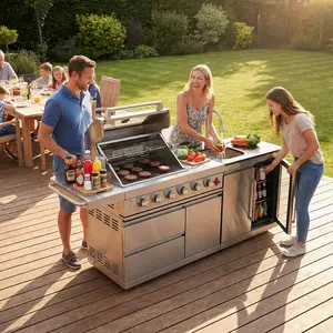 84-Inch Deluxe Stainless Steel Outdoor Kitchen Barbecue Island Grill, 5-Burner 75300 BTU, SS304 Material with Sink, Wine Cooler, Refrigerator, Granite Countertops & Rotisserie Kit, Silver