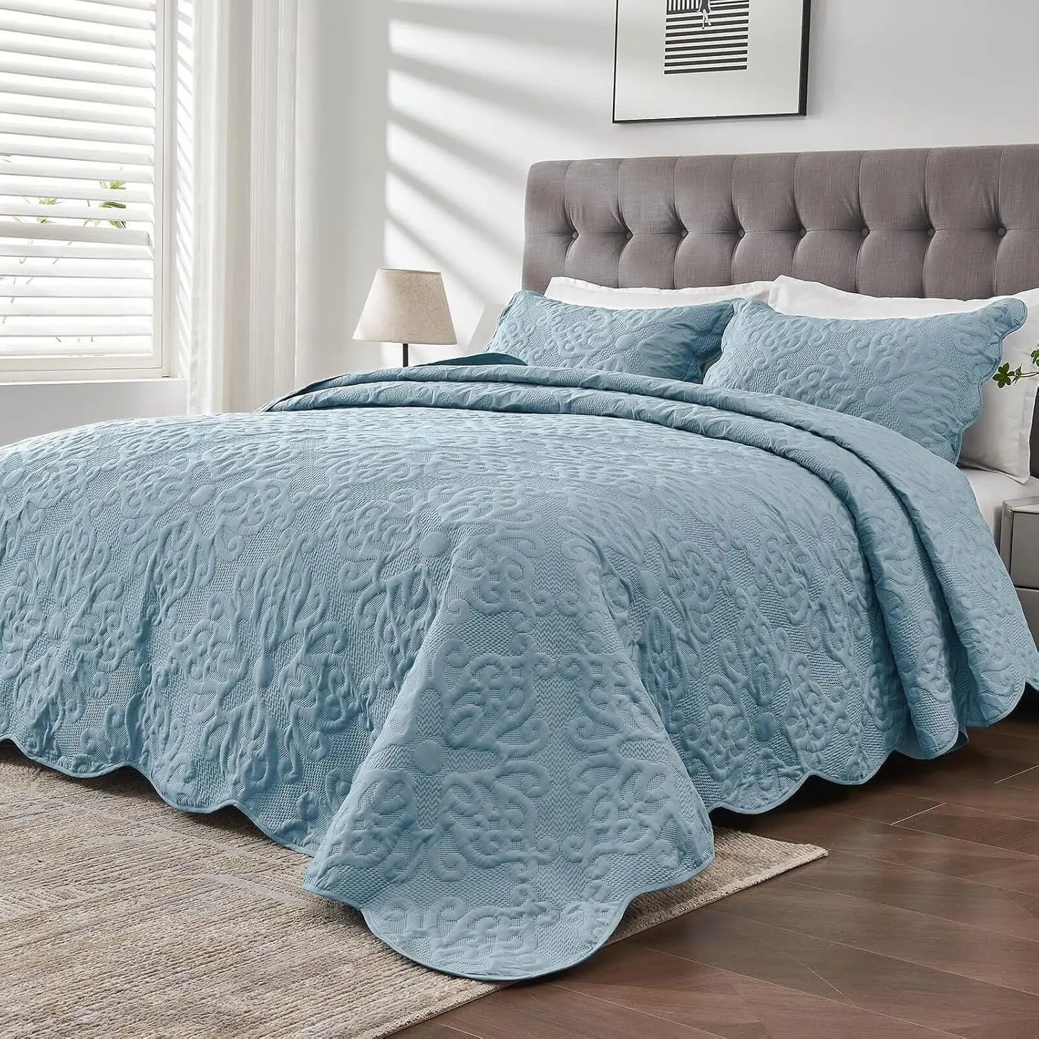 Size Bedspread Soft Lightweight Quilted Coverlet Set 3 count 1 Quilt 2 Pillow Shams Blue