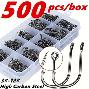 500pcs Premium Carbon Steel Fishing Hooks Size 3-12 with Barbed Design, Sharp Durable Single Hook for Better Fishing Results, Fishing Tackle Box