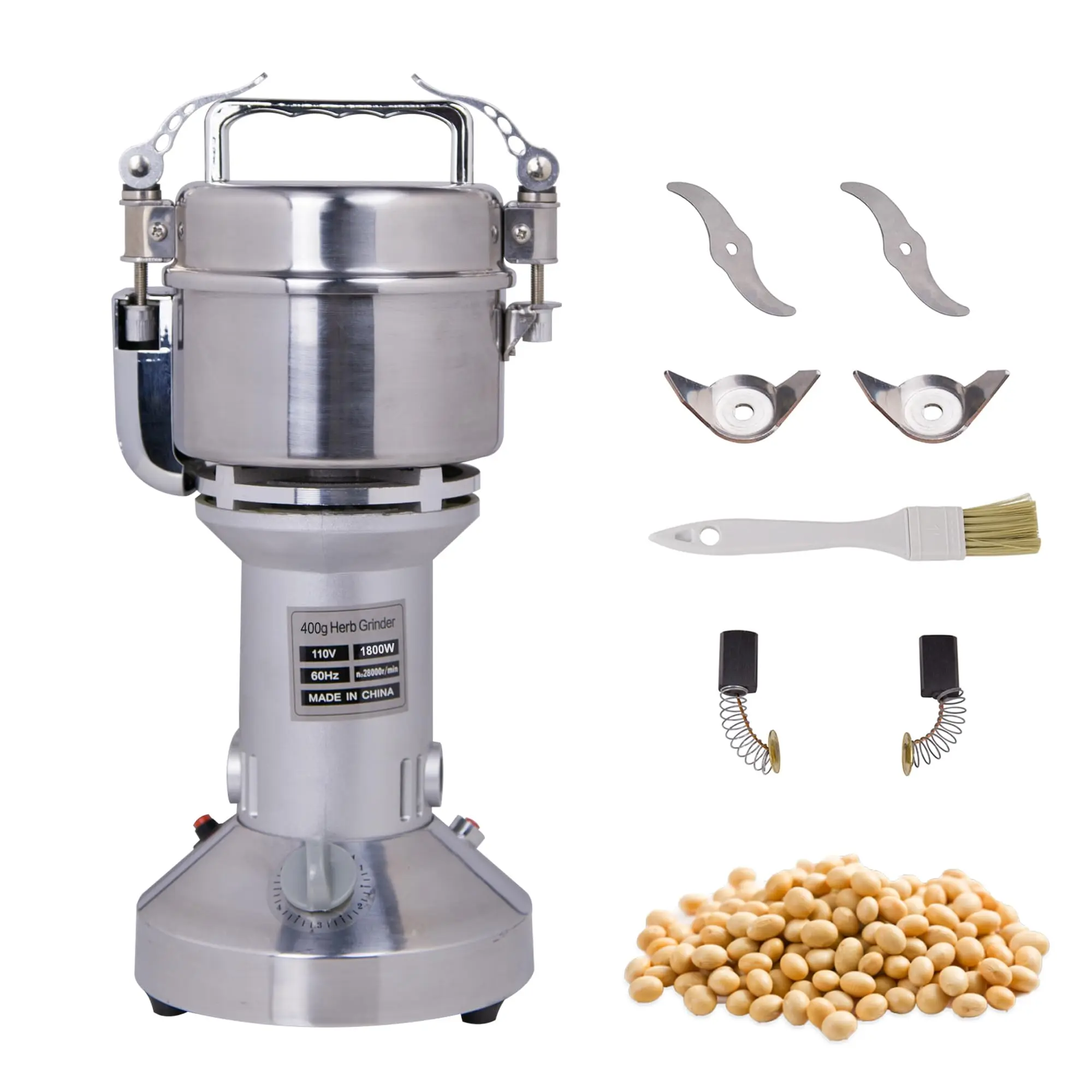 HAKKA FOOD PROCESSING 1800W Stainless Steel Electric Grain Mill - 1800W Motor, 25,000 RPM, Red Button, 400g Capacity High-Speed Powder Machine for Seeds, Flour, Nuts, Wheat, Corn, Herbs, Spices - Ideal for Restaurants, Clinics, Efficient Grinding