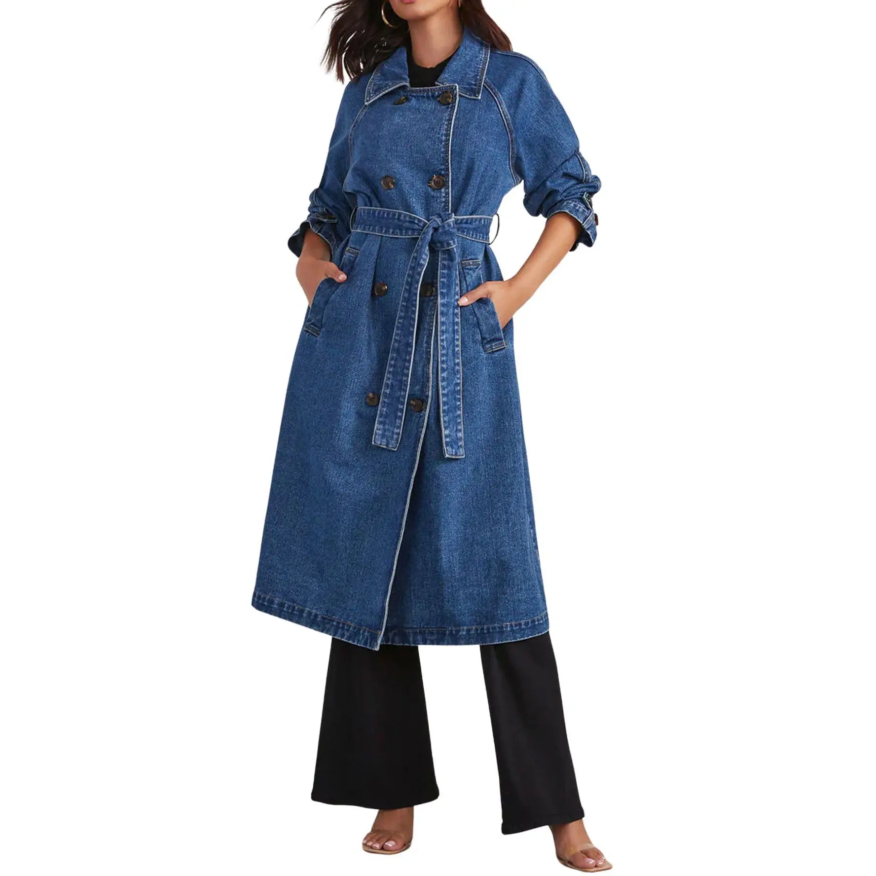 CHARTOU Women's Casual Double Breasted Long Denim Trench Coat Jean Jacket Trenchcoat with Belt Duster Coat