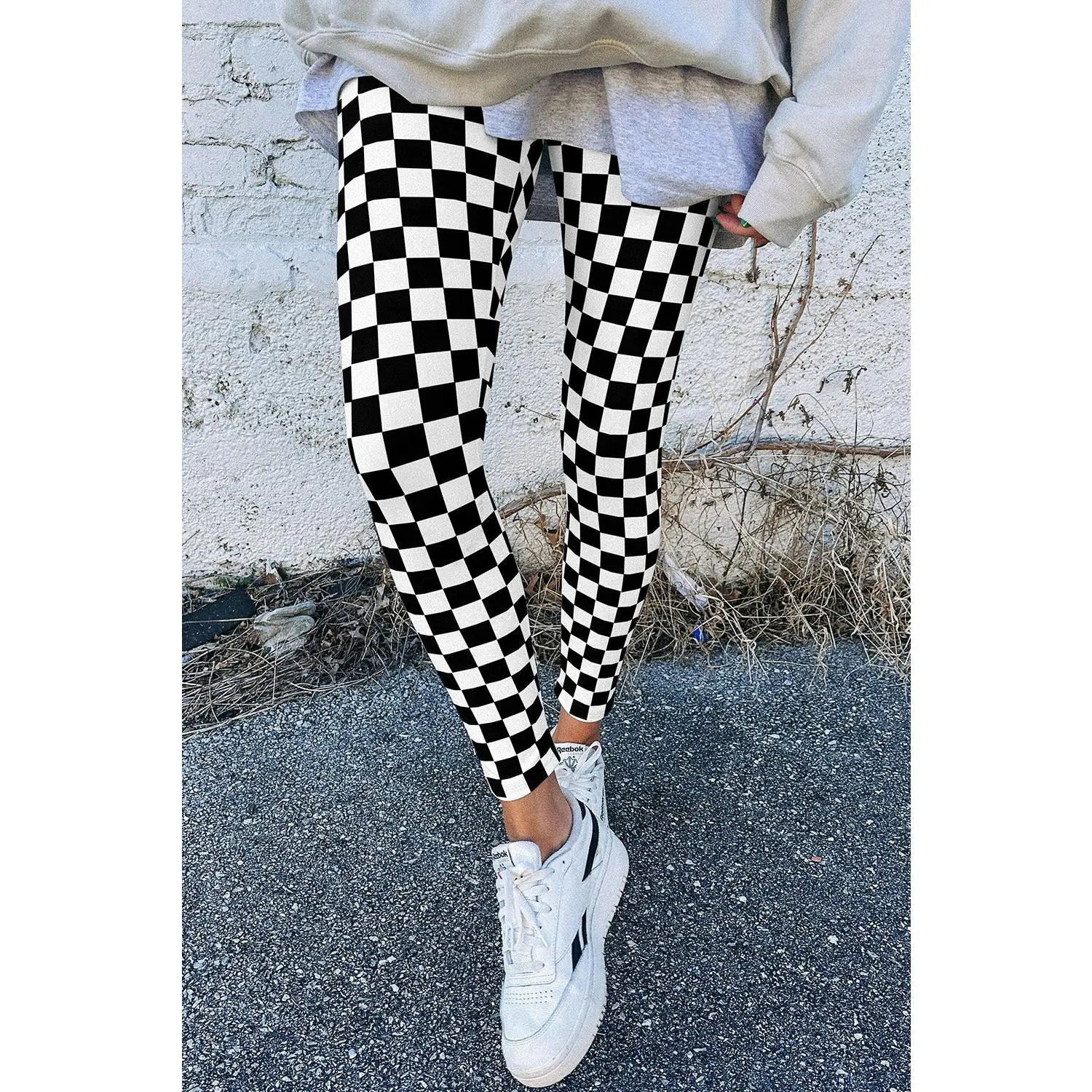 Black Checkered Pattern High Waist Skinny Leggings