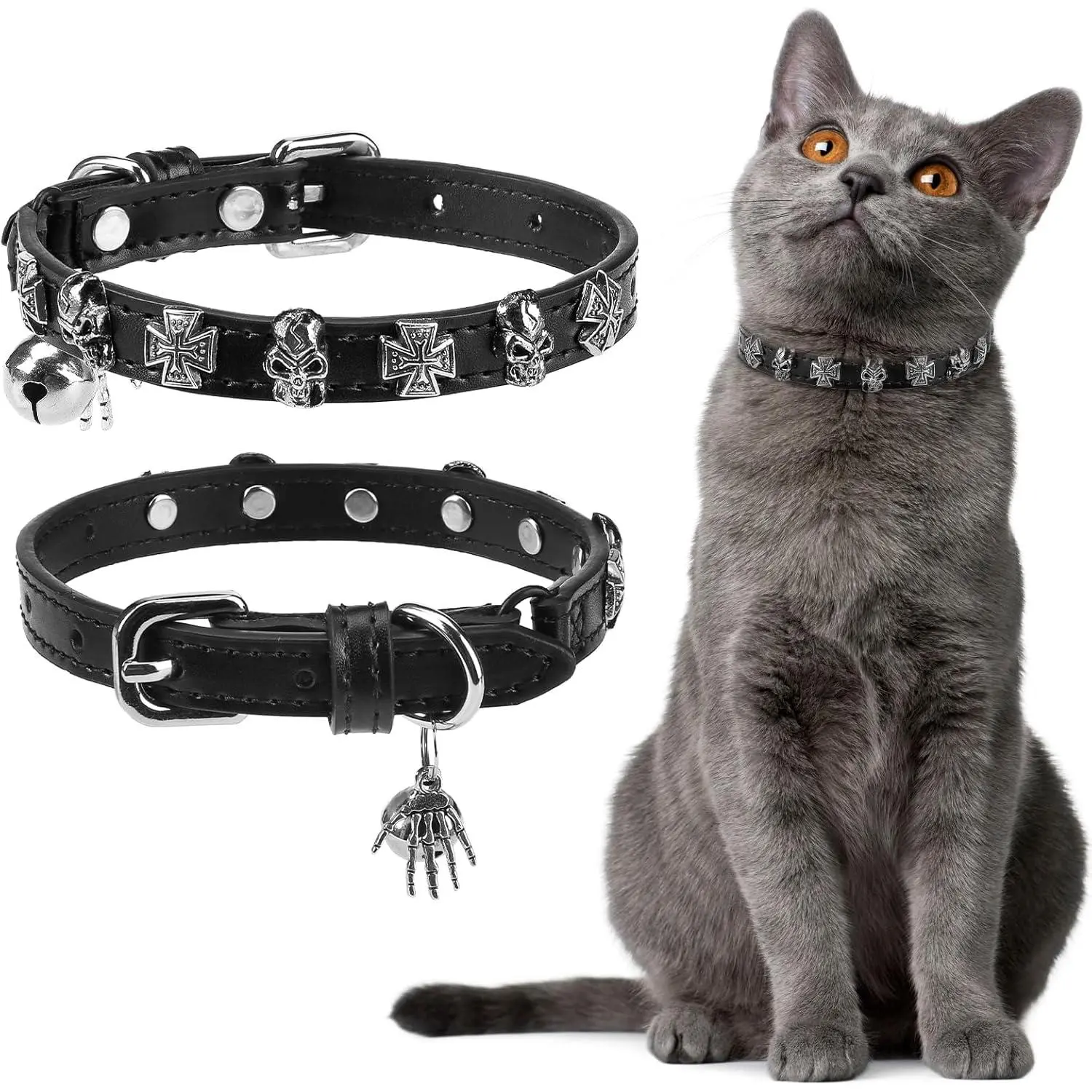 Halloween Leather Cat Collar - Adjustable Punk Look Pet Collar with Rivet Spikes, Bell, Durable D-Ring, and Stars & Moons for Cats