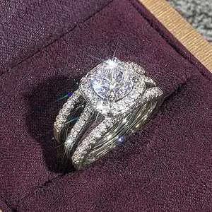 3pcs Zircon square geometric ring three-piece set engagement wedding jewelry for men and women anniversary gifts suitable for gift-giving parties