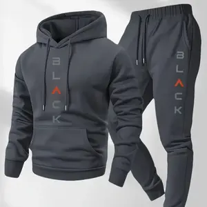 Men'S Complete Outfit - Stylish Hooded Sweatshirt & Joggers Set with "BLACK" Print, Gray Casual Streetwear, Long Pants, and Matching Hoodie, Perfect for Fall/Winter, Cozy Clothing | Sporty Look | Nonstretch Fabric