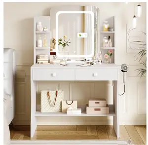 Makeup Vanity Desk with Lighted Mirror, Vanity Set with 6 Open Shelves, 2 Drawers, Power Outlet & Hairdryer Holder, Vanity Dressing Table Perfect gift for Bedroom - White