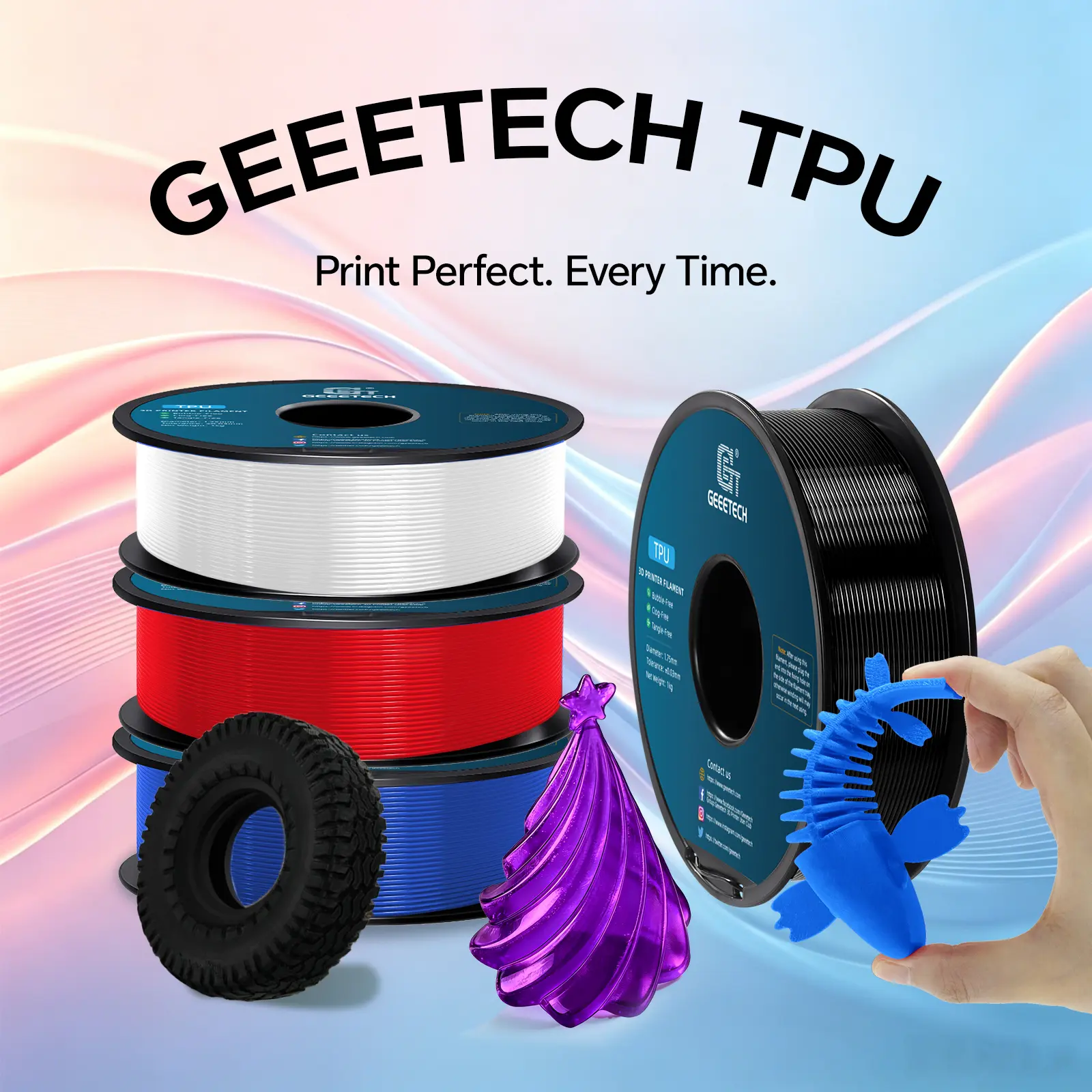 Geeetech TPU 3D Printer Filament, 1.75mm 1KG (2.2lbs) Spool Shore 95A - Filament 3D Printing Supplies, Flexible Print, High Elasticity, ±0.03mm Accuracy, 50°C-70°C Bed Temp, Smooth Finish, Clog-Free, Bubble-Free, Fits Most FDMs, Daily Use, Beginners, Fits