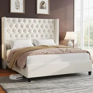 AMERLIFE Bed Frame Velvet Upholstered Platform Bed with 51.6" Tall Wingback Headboard Deep Button Tufted, No Box Spring Needed/Christmas Gift