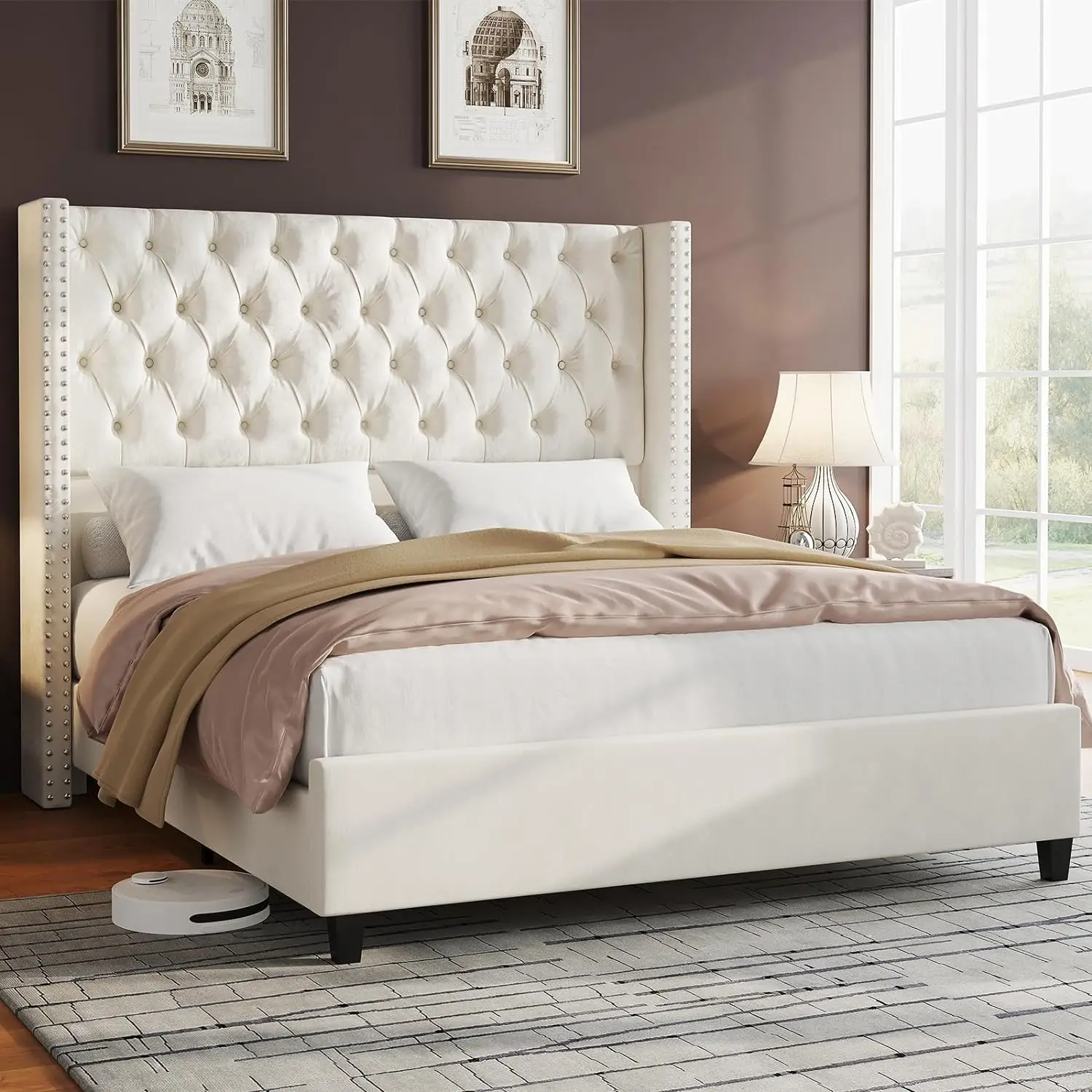 [TikTokShopfalldealsforyou]AMERLIFE Bed Frame Velvet Upholstered Platform Bed with 51.6" Tall Wingback Headboard Deep Button Tufted, No Box Spring Nee