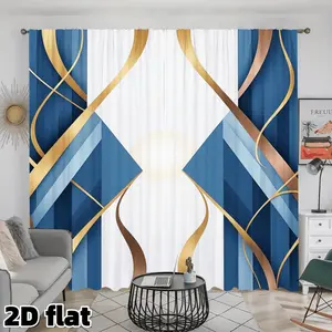 2D Flat 2Pcs Modern Geometric Curtains Navy Blue Gold Lines Design Rod Pocket Panel Semi Sunshade Polyester Elegant Luxury Wave Pattern Suitable for Living Room Bedroom Kitchen Window Treatment Privacy Protection