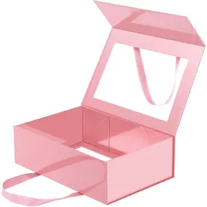 Large Pink Clear Gift Box, 13.5x9x4.1 Inches Gift Box with Window by Handle, Bridesmaid Proposal Box, Collapsible Gift Boxes with Magnetic Closure (Glossy Pink, 1 Pack)